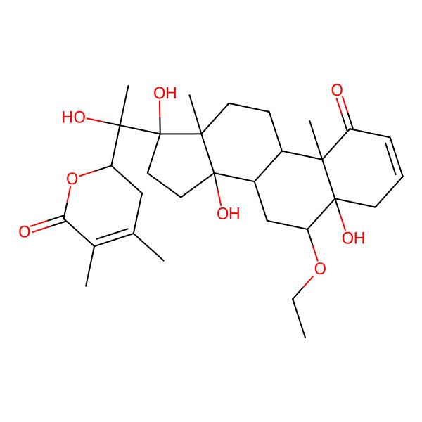 2D Structure of (2R)-2-[(1S)-1-[(5R,6R,8R,9S,10R,13S,14R,17S)-6-ethoxy-5,14,17-trihydroxy-10,13-dimethyl-1-oxo-6,7,8,9,11,12,15,16-octahydro-4H-cyclopenta[a]phenanthren-17-yl]-1-hydroxyethyl]-4,5-dimethyl-2,3-dihydropyran-6-one