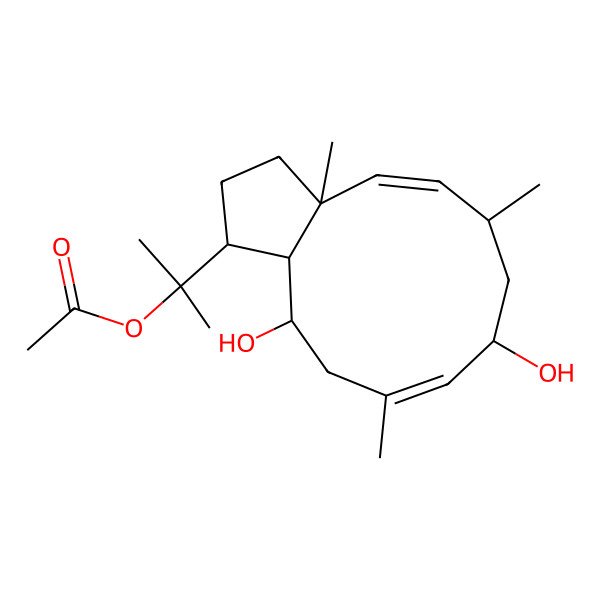 2D Structure of 2-(8,12-dihydroxy-3a,6,10-trimethyl-2,3,6,7,8,11,12,12a-octahydro-1H-cyclopenta[11]annulen-1-yl)propan-2-yl acetate