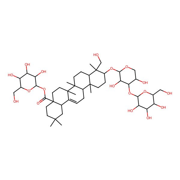 2D Structure of [(2S,3R,4S,5S,6R)-3,4,5-trihydroxy-6-(hydroxymethyl)oxan-2-yl] (4aS,6aR,6aS,6bR,8aR,9S,10S,12aR,14bS)-10-[(2S,3R,4S,5S)-3,5-dihydroxy-4-[(2S,3R,4S,5S,6R)-3,4,5-trihydroxy-6-(hydroxymethyl)oxan-2-yl]oxyoxan-2-yl]oxy-9-(hydroxymethyl)-2,2,6a,6b,9,12a-hexamethyl-1,3,4,5,6,6a,7,8,8a,10,11,12,13,14b-tetradecahydropicene-4a-carboxylate