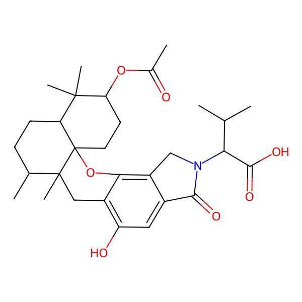 2D Structure of 2-(19-Acetyloxy-10-hydroxy-13,14,18,18-tetramethyl-7-oxo-2-oxa-6-azapentacyclo[11.8.0.01,17.03,11.04,8]henicosa-3,8,10-trien-6-yl)-3-methylbutanoic acid