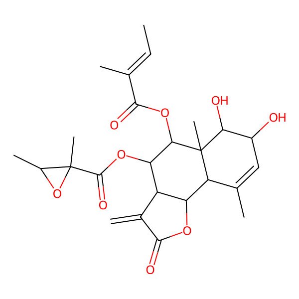 2D Structure of [(3aS,4S,5S,5aR,6S,7S,9aS,9bS)-6,7-dihydroxy-5a,9-dimethyl-5-[(Z)-2-methylbut-2-enoyl]oxy-3-methylidene-2-oxo-4,5,6,7,9a,9b-hexahydro-3aH-benzo[g][1]benzofuran-4-yl] (2S,3S)-2,3-dimethyloxirane-2-carboxylate