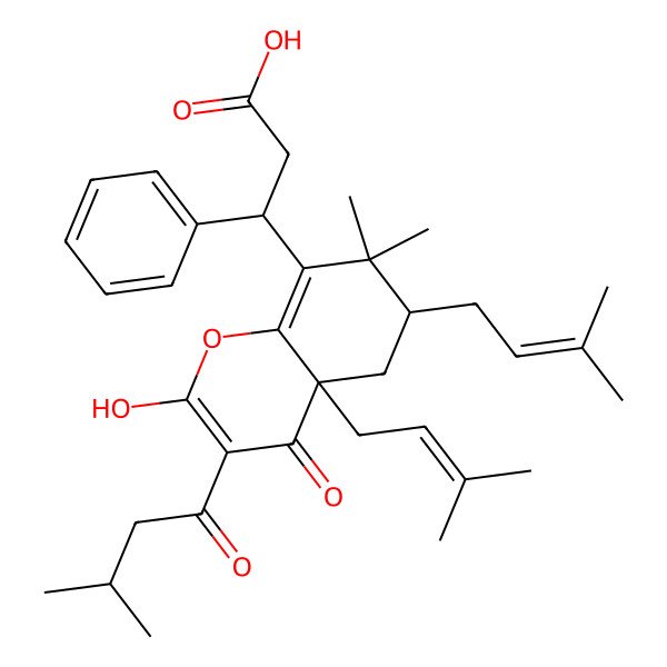2D Structure of 3-[2-hydroxy-7,7-dimethyl-3-(3-methylbutanoyl)-4a,6-bis(3-methylbut-2-enyl)-4-oxo-5,6-dihydrochromen-8-yl]-3-phenylpropanoic acid