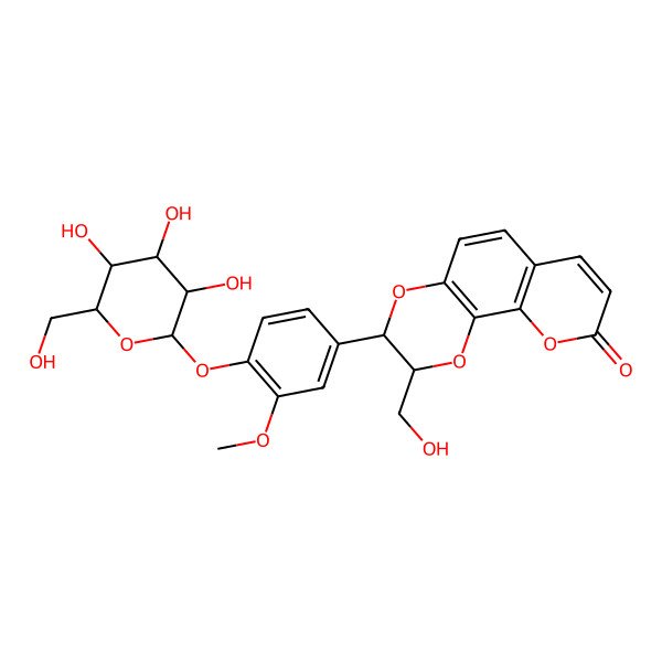 2D Structure of (2S,3S)-2-(hydroxymethyl)-3-[3-methoxy-4-[(2S,3R,4S,5S,6R)-3,4,5-trihydroxy-6-(hydroxymethyl)oxan-2-yl]oxyphenyl]-2,3-dihydropyrano[3,2-h][1,4]benzodioxin-9-one