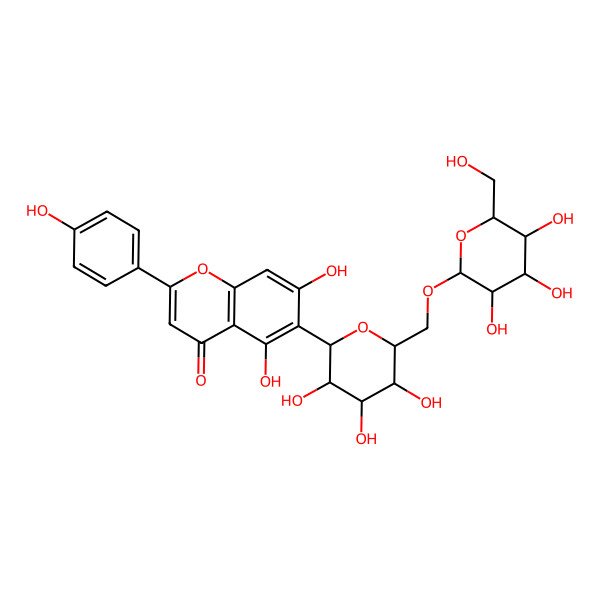 2D Structure of 5,7-dihydroxy-2-(4-hydroxyphenyl)-6-[(2S,3R,4R,5R,6R)-3,4,5-trihydroxy-6-[[(2R,3R,4S,5R,6R)-3,4,5-trihydroxy-6-(hydroxymethyl)oxan-2-yl]oxymethyl]oxan-2-yl]chromen-4-one