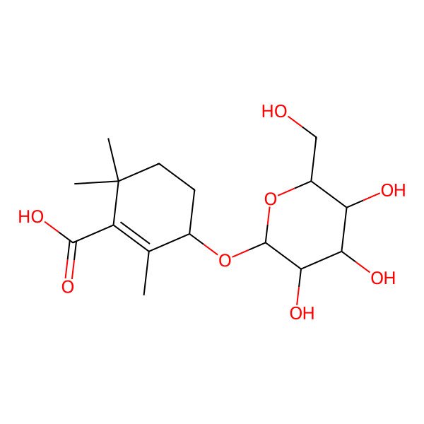 2D Structure of (3R)-2,6,6-trimethyl-3-{[(2R,3R,4S,5S,6R)-3,4,5-trihydroxy-6-(hydroxymethyl)oxan-2-yl]oxy}cyclohex-1-ene-1-carboxylic acid