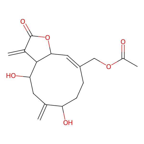 2D Structure of (4,7-dihydroxy-3,6-dimethylidene-2-oxo-4,5,7,8,9,11a-hexahydro-3aH-cyclodeca[b]furan-10-yl)methyl acetate