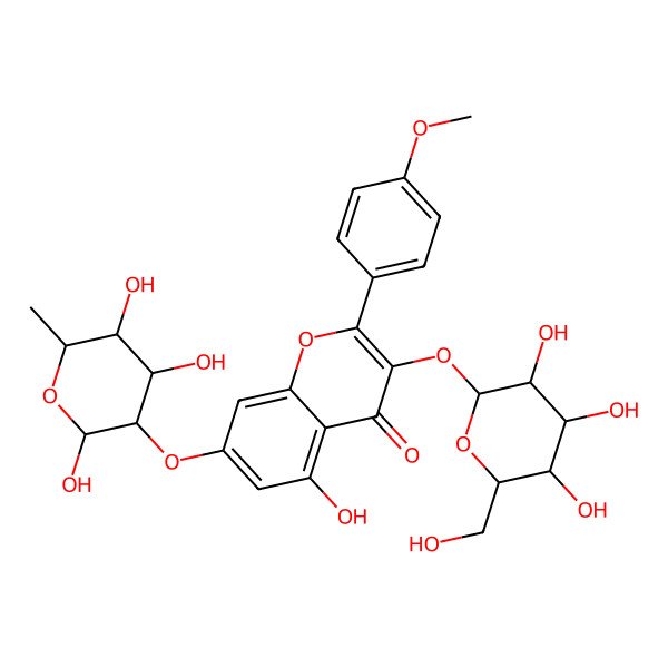 2D Structure of 5-hydroxy-2-(4-methoxyphenyl)-3-[(2R,3S,4R,5R,6S)-3,4,5-trihydroxy-6-(hydroxymethyl)oxan-2-yl]oxy-7-[(2R,3R,4S,5S,6R)-2,4,5-trihydroxy-6-methyloxan-3-yl]oxychromen-4-one