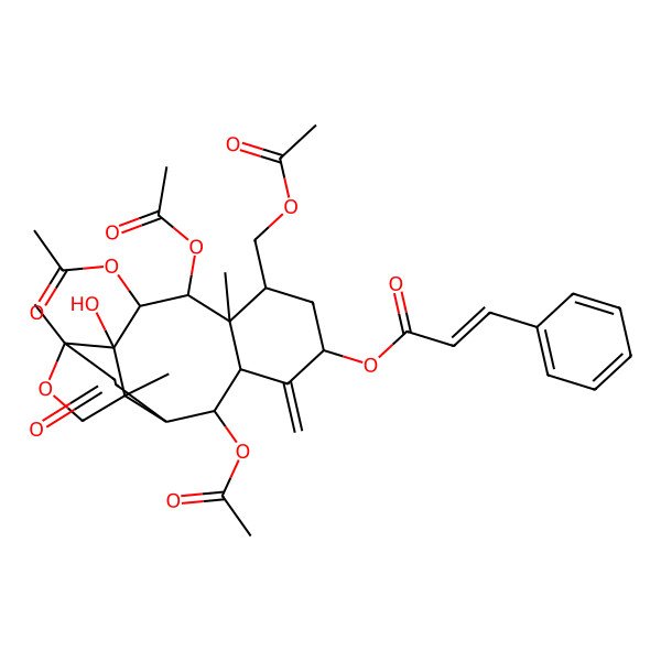2D Structure of [(1R,2R,3S,4R,5R,6S,8S,10R,11R,12R,15S)-3,4,11-triacetyloxy-6-(acetyloxymethyl)-2-hydroxy-1,5,15-trimethyl-9-methylidene-14-oxo-16-oxatetracyclo[10.5.0.02,15.05,10]heptadecan-8-yl] (E)-3-phenylprop-2-enoate