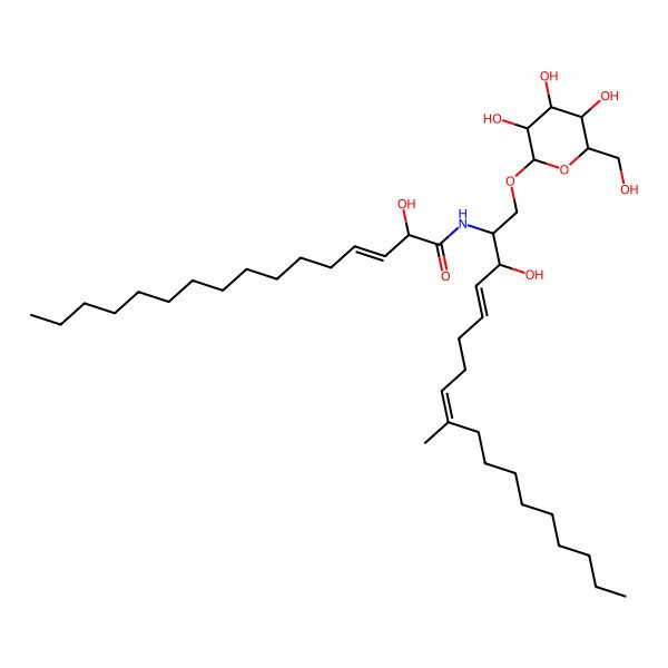 2D Structure of (E)-2-hydroxy-N-[(4E,8E)-3-hydroxy-9-methyl-1-[(2R,3R,4S,5S,6R)-3,4,5-trihydroxy-6-(hydroxymethyl)oxan-2-yl]oxyoctadeca-4,8-dien-2-yl]hexadec-3-enamide