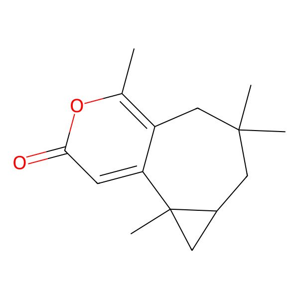 2D Structure of 2,6,6,9-Tetramethyl-10-oxatricyclo[6.4.0.02,4]dodeca-1(12),8-dien-11-one