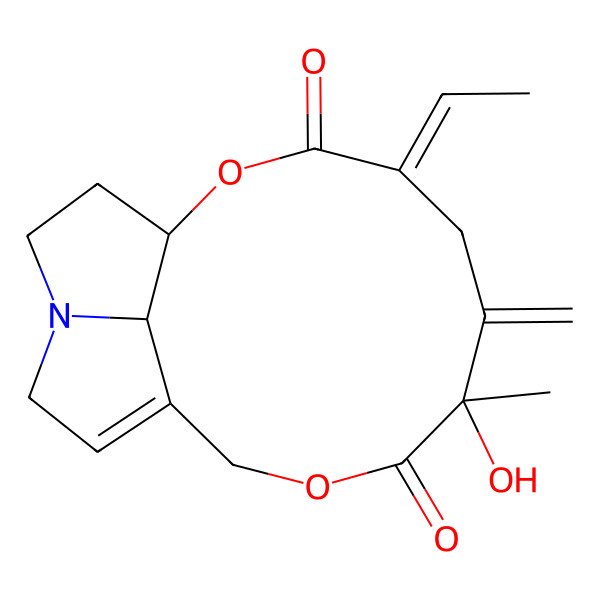 2D Structure of (1S,4E,7R)-4-ethylidene-7-hydroxy-7-methyl-6-methylidene-2,9-dioxa-14-azatricyclo[9.5.1.014,17]heptadec-11-ene-3,8-dione