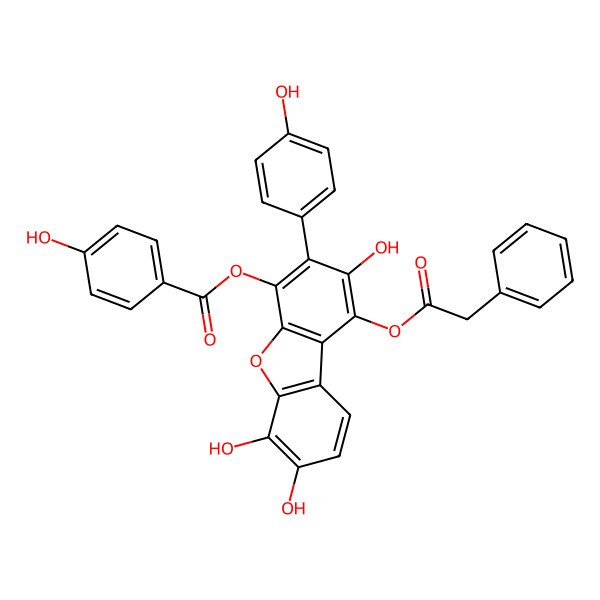 2D Structure of [2,6,7-Trihydroxy-3-(4-hydroxyphenyl)-1-(2-phenylacetyl)oxydibenzofuran-4-yl] 4-hydroxybenzoate