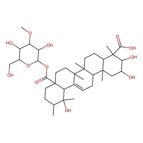 2D Structure of (2R,3R,4R,4aR,6aR,6bS,8aS,11R,12R,12aS,14aR,14bR)-8a-[(2S,3R,4S,5R,6R)-3,5-dihydroxy-6-(hydroxymethyl)-4-methoxyoxan-2-yl]oxycarbonyl-2,3,12-trihydroxy-4,6a,6b,11,12,14b-hexamethyl-1,2,3,4a,5,6,7,8,9,10,11,12a,14,14a-tetradecahydropicene-4-carboxylic acid