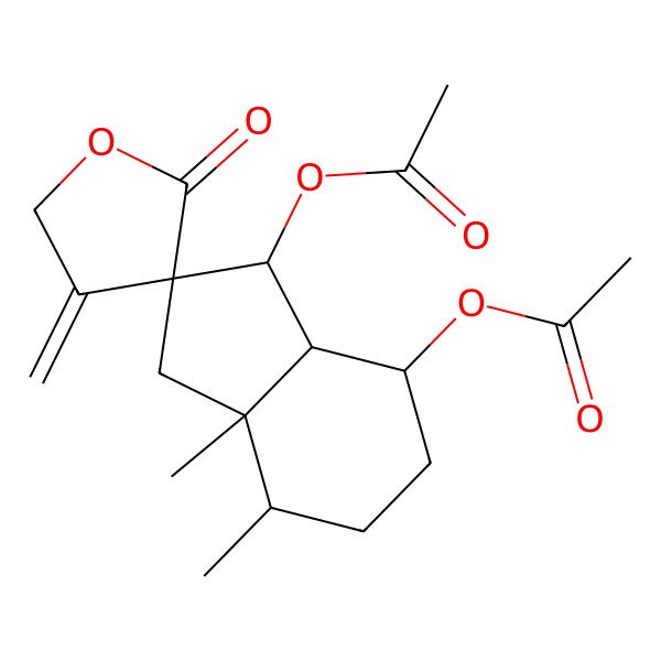 2D Structure of Spiro[furan-3(2H),2'-[2H]inden]-2-one, 1',7'-bis(acetyloxy)decahydro-3'a,4'-dimethyl-4-methylene-, [1'R-(1'alpha,2'alpha,3'aalpha,4'alpha,7'beta,7'aalpha)]-