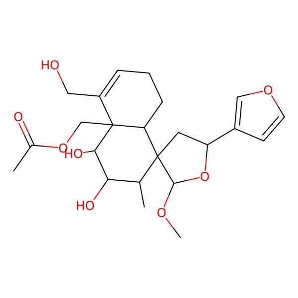 2D Structure of [5'-(Furan-3-yl)-5,6-dihydroxy-4-(hydroxymethyl)-2'-methoxy-7-methylspiro[1,2,5,6,7,8a-hexahydronaphthalene-8,3'-oxolane]-4a-yl]methyl acetate