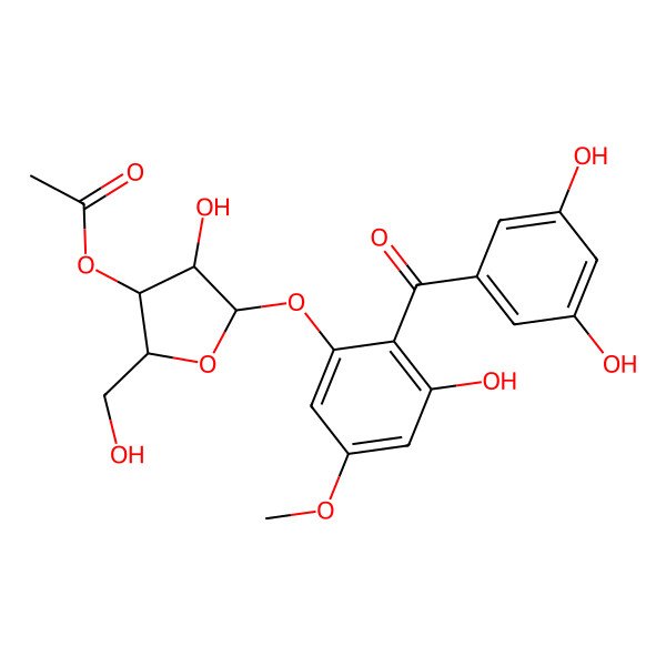 2D Structure of [(2S,3R,4R,5S)-5-[2-(3,5-dihydroxybenzoyl)-3-hydroxy-5-methoxyphenoxy]-4-hydroxy-2-(hydroxymethyl)oxolan-3-yl] acetate