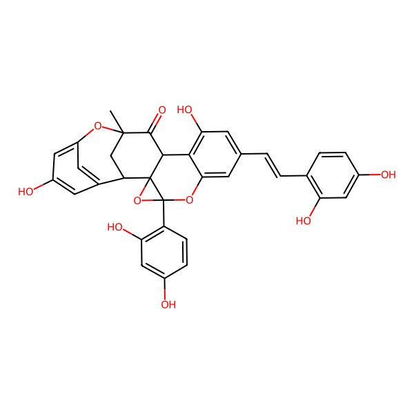 2D Structure of (1R,2S,4R,12S,14S)-4-(2,4-dihydroxyphenyl)-8-[(E)-2-(2,4-dihydroxyphenyl)ethenyl]-10,18-dihydroxy-14-methyl-3,5,15-trioxahexacyclo[12.6.1.116,20.02,4.02,12.06,11]docosa-6,8,10,16(22),17,19-hexaen-13-one