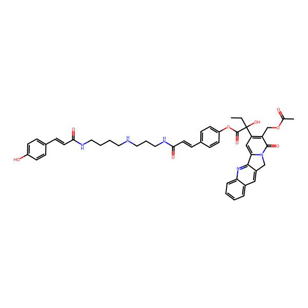 2D Structure of [4-[(E)-3-[3-[4-[[(E)-3-(4-hydroxyphenyl)prop-2-enoyl]amino]butylamino]propylamino]-3-oxoprop-1-enyl]phenyl] (2S)-2-[8-(acetyloxymethyl)-9-oxo-11H-indolizino[1,2-b]quinolin-7-yl]-2-hydroxybutanoate