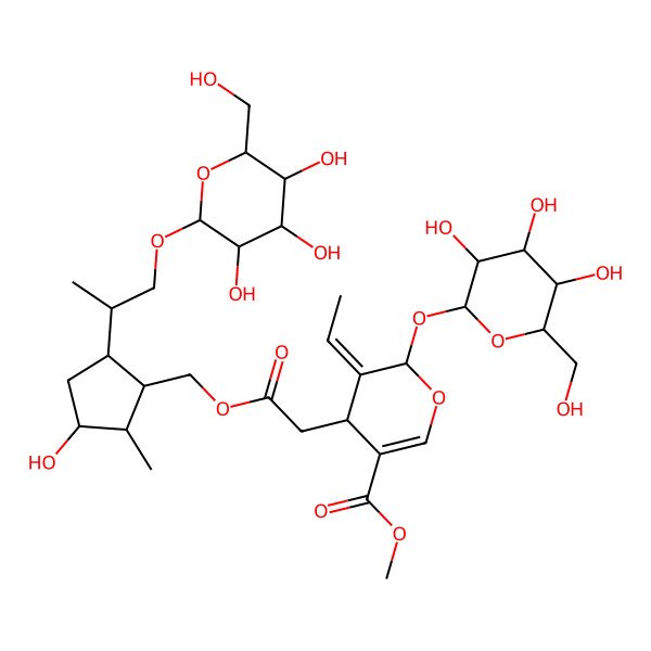 2D Structure of methyl 5-ethylidene-4-[2-[[3-hydroxy-2-methyl-5-[1-[3,4,5-trihydroxy-6-(hydroxymethyl)oxan-2-yl]oxypropan-2-yl]cyclopentyl]methoxy]-2-oxoethyl]-6-[3,4,5-trihydroxy-6-(hydroxymethyl)oxan-2-yl]oxy-4H-pyran-3-carboxylate