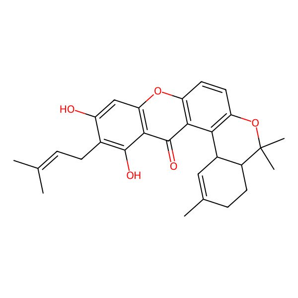 2D Structure of (4aR,14cS)-11,13-dihydroxy-2,5,5-trimethyl-12-(3-methylbut-2-enyl)-3,4,4a,14c-tetrahydroisochromeno[4,3-a]xanthen-14-one