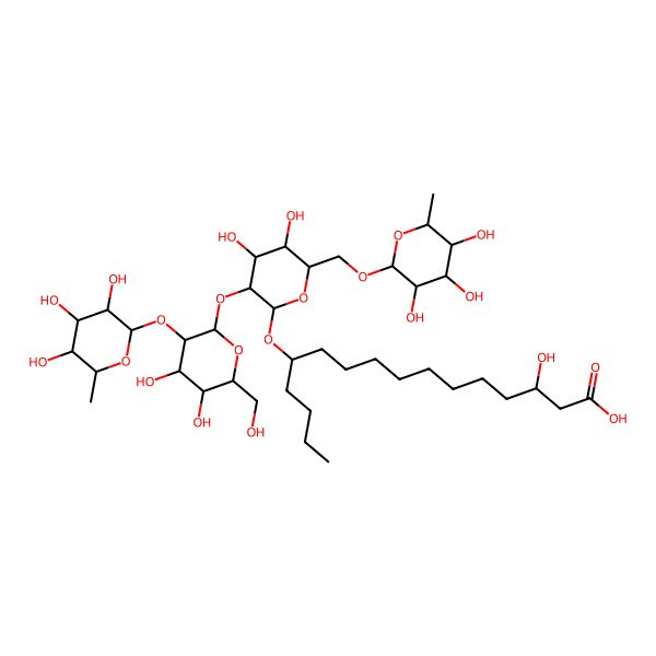 2D Structure of (3R,12S)-12-[(2R,3R,4S,5R,6R)-3-[(2S,3R,4S,5R,6R)-4,5-dihydroxy-6-(hydroxymethyl)-3-[(2R,3R,4R,5R,6S)-3,4,5-trihydroxy-6-methyloxan-2-yl]oxyoxan-2-yl]oxy-4,5-dihydroxy-6-[[(2R,3R,4R,5R,6S)-3,4,5-trihydroxy-6-methyloxan-2-yl]oxymethyl]oxan-2-yl]oxy-3-hydroxyhexadecanoic acid