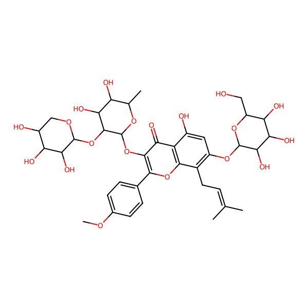 2D Structure of 3-[(2R,3R,4R,5R,6S)-4,5-dihydroxy-6-methyl-3-[(2S,3R,4S,5R)-3,4,5-trihydroxyoxan-2-yl]oxyoxan-2-yl]oxy-5-hydroxy-2-(4-methoxyphenyl)-8-(3-methylbut-2-enyl)-7-[(2S,3R,4S,5S,6R)-3,4,5-trihydroxy-6-(hydroxymethyl)oxan-2-yl]oxychromen-4-one