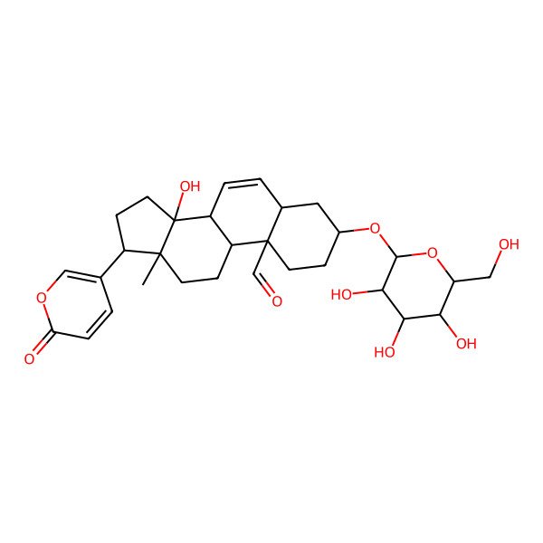 2D Structure of (3S,5S,8R,9S,10R,13R,14R,17S)-14-hydroxy-13-methyl-17-(6-oxopyran-3-yl)-3-[(2S,3R,4S,5S,6R)-3,4,5-trihydroxy-6-(hydroxymethyl)oxan-2-yl]oxy-1,2,3,4,5,8,9,11,12,15,16,17-dodecahydrocyclopenta[a]phenanthrene-10-carbaldehyde