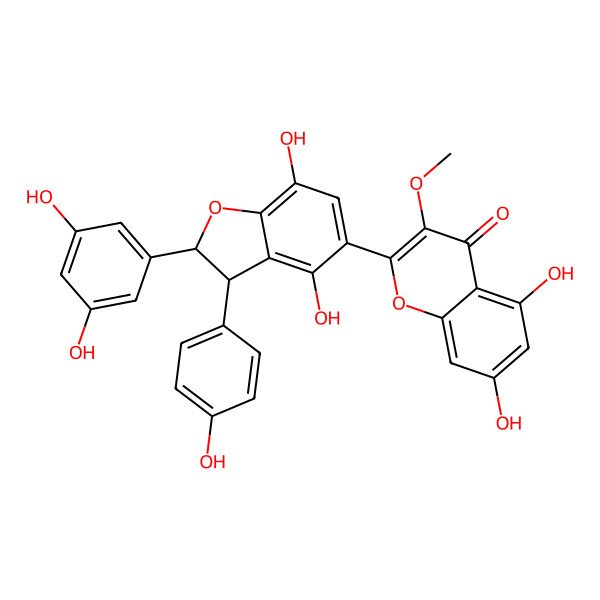 2D Structure of 2-[2-(3,5-Dihydroxyphenyl)-4,7-dihydroxy-3-(4-hydroxyphenyl)-2,3-dihydro-1-benzofuran-5-yl]-5,7-dihydroxy-3-methoxychromen-4-one
