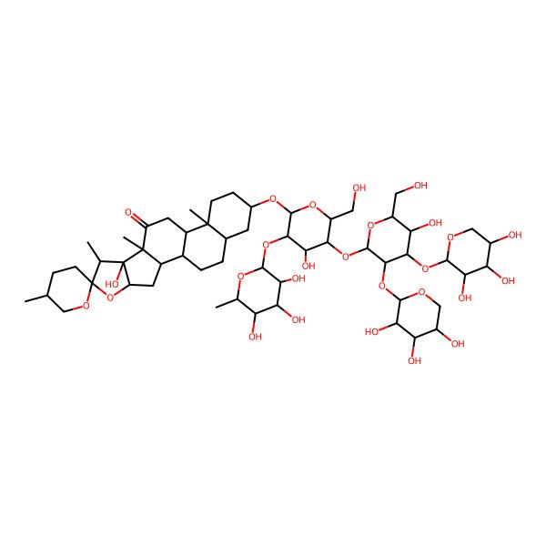 2D Structure of 8-Hydroxy-16-[4-hydroxy-5-[5-hydroxy-6-(hydroxymethyl)-3,4-bis[(3,4,5-trihydroxyoxan-2-yl)oxy]oxan-2-yl]oxy-6-(hydroxymethyl)-3-(3,4,5-trihydroxy-6-methyloxan-2-yl)oxyoxan-2-yl]oxy-5',7,9,13-tetramethylspiro[5-oxapentacyclo[10.8.0.02,9.04,8.013,18]icosane-6,2'-oxane]-10-one
