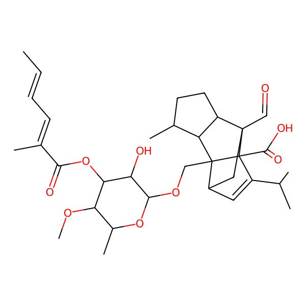2D Structure of (5R)-7-{[(3S,4S,2R,5R,6R)-4-((2Z,4E)-2-Methylhexa-2,4-dienoyloxy)-3-hydroxy-5-methoxy-6-methylperhydropyran-2-yloxy]methyl}-1-formyl-5-methyl-9-(methylethyl)tetracyclo[6.4.0.0<2,6>.0<7,11>]dodec-9-ene-8-carboxylic acid