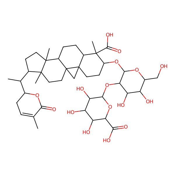 2D Structure of 6-[2-[[7-Carboxy-7,12,16-trimethyl-15-[1-(5-methyl-6-oxo-2,3-dihydropyran-2-yl)ethyl]-6-pentacyclo[9.7.0.01,3.03,8.012,16]octadecanyl]oxy]-4,5-dihydroxy-6-(hydroxymethyl)oxan-3-yl]oxy-3,4,5-trihydroxyoxane-2-carboxylic acid