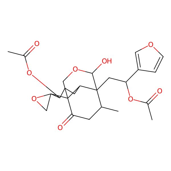2D Structure of [7-[2-Acetyloxy-2-(furan-3-yl)ethyl]-8-hydroxy-13-methyl-11-oxospiro[9-oxatricyclo[5.3.3.01,6]tridecane-2,2'-oxirane]-3-yl] acetate
