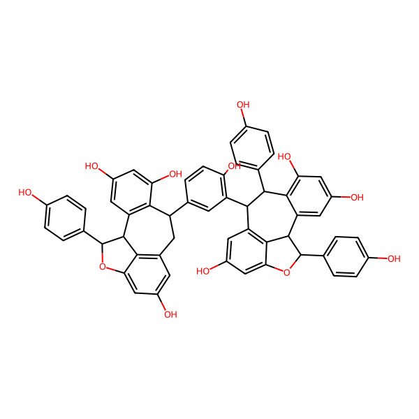 2D Structure of 8,16-Bis(4-hydroxyphenyl)-9-[2-hydroxy-5-[4,6,12-trihydroxy-16-(4-hydroxyphenyl)-15-oxatetracyclo[8.6.1.02,7.014,17]heptadeca-2(7),3,5,10(17),11,13-hexaen-8-yl]phenyl]-15-oxatetracyclo[8.6.1.02,7.014,17]heptadeca-2(7),3,5,10(17),11,13-hexaene-4,6,12-triol