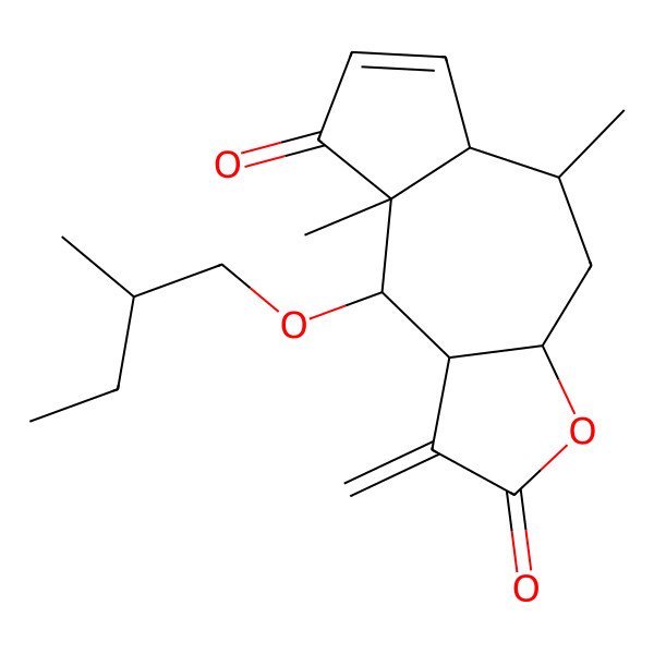 2D Structure of (3aR,5R,5aR,8aR,9S,9aR)-5,8a-dimethyl-9-[(2S)-2-methylbutoxy]-1-methylidene-3a,4,5,5a,9,9a-hexahydroazuleno[6,7-b]furan-2,8-dione