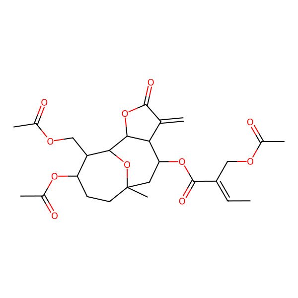 2D Structure of [(1S,2R,6S,7S,9R,12R,13R)-12-acetyloxy-13-(acetyloxymethyl)-9-methyl-5-methylidene-4-oxo-3,14-dioxatricyclo[7.4.1.02,6]tetradecan-7-yl] (E)-2-(acetyloxymethyl)but-2-enoate