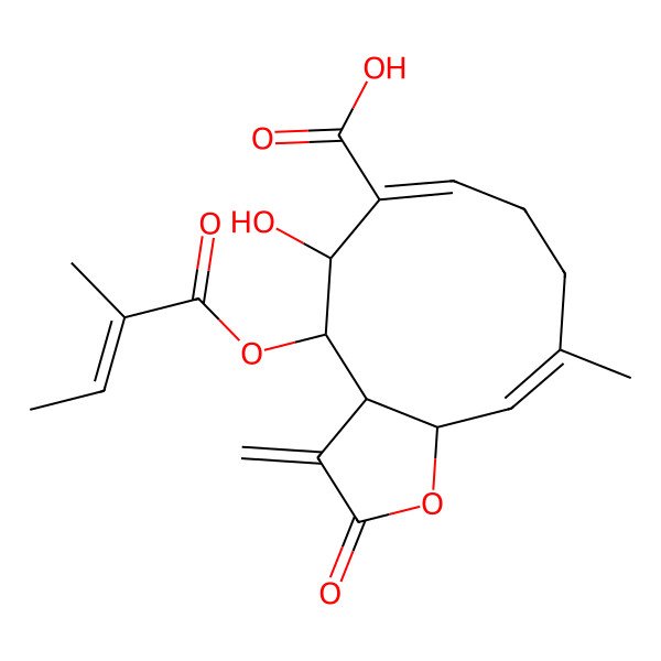 2D Structure of (3aS,4S,5S,6E,10Z,11aR)-5-hydroxy-10-methyl-4-[(Z)-2-methylbut-2-enoyl]oxy-3-methylidene-2-oxo-3a,4,5,8,9,11a-hexahydrocyclodeca[b]furan-6-carboxylic acid