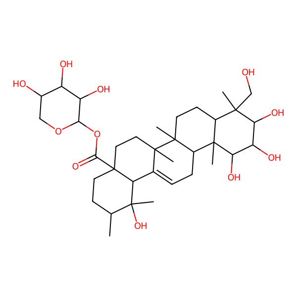 2D Structure of [(2S,3R,4S,5R)-3,4,5-trihydroxyoxan-2-yl] (1R,2R,4aS,6aS,6aS,6bR,8aR,9R,10R,11R,12S,12aR,14bS)-1,10,11,12-tetrahydroxy-9-(hydroxymethyl)-1,2,6a,6b,9,12a-hexamethyl-2,3,4,5,6,6a,7,8,8a,10,11,12,13,14b-tetradecahydropicene-4a-carboxylate