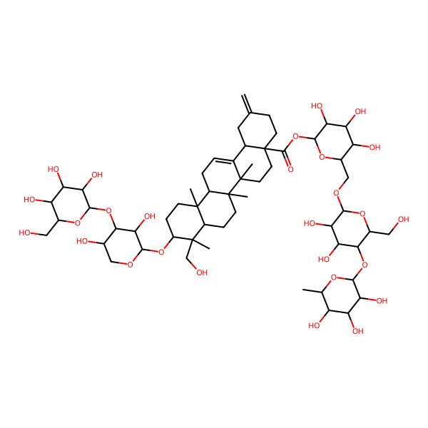2D Structure of [6-[[3,4-Dihydroxy-6-(hydroxymethyl)-5-(3,4,5-trihydroxy-6-methyloxan-2-yl)oxyoxan-2-yl]oxymethyl]-3,4,5-trihydroxyoxan-2-yl] 10-[3,5-dihydroxy-4-[3,4,5-trihydroxy-6-(hydroxymethyl)oxan-2-yl]oxyoxan-2-yl]oxy-9-(hydroxymethyl)-6a,6b,9,12a-tetramethyl-2-methylidene-1,3,4,5,6,6a,7,8,8a,10,11,12,13,14b-tetradecahydropicene-4a-carboxylate