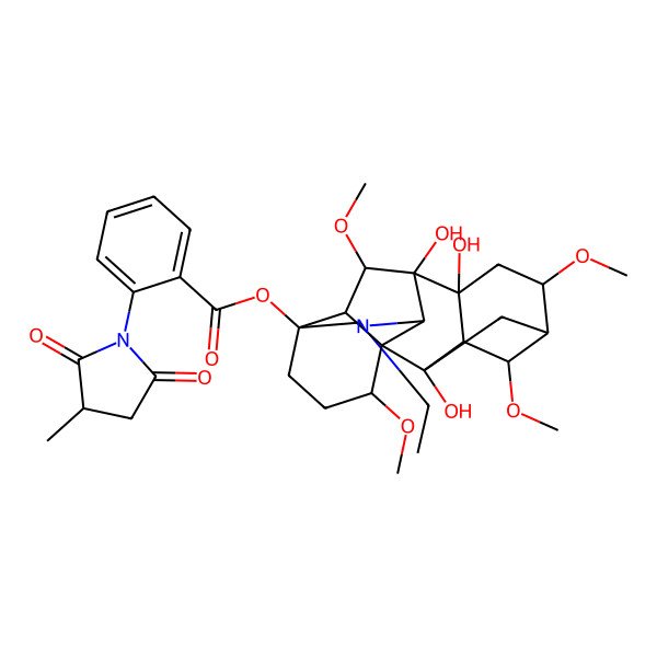 2D Structure of (11-Ethyl-2,8,9-trihydroxy-4,6,16,18-tetramethoxy-11-azahexacyclo[7.7.2.12,5.01,10.03,8.013,17]nonadecan-13-yl) 2-(3-methyl-2,5-dioxopyrrolidin-1-yl)benzoate