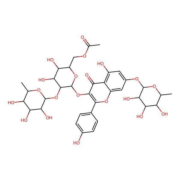 2D Structure of [(2R,3R,4S,5S,6S)-3,4-dihydroxy-6-[5-hydroxy-2-(4-hydroxyphenyl)-4-oxo-7-[(2S,3R,4S,5R,6R)-3,4,5-trihydroxy-6-methyloxan-2-yl]oxychromen-3-yl]oxy-5-[(2S,3S,4S,5R,6S)-3,4,5-trihydroxy-6-methyloxan-2-yl]oxyoxan-2-yl]methyl acetate