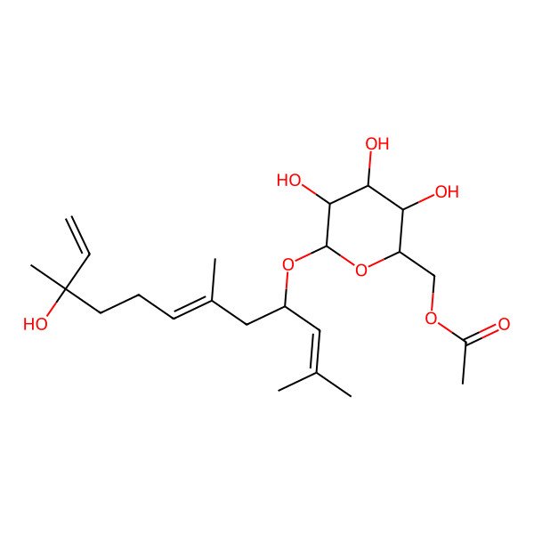 2D Structure of [(2R,3S,4S,5R,6R)-3,4,5-trihydroxy-6-[(4S,6E,10S)-10-hydroxy-2,6,10-trimethyldodeca-2,6,11-trien-4-yl]oxyoxan-2-yl]methyl acetate