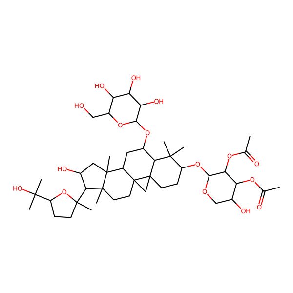 2D Structure of [(2S)-3-acetyloxy-5-hydroxy-2-[[(1S,3R,8S,11S,12S,15S,16R)-14-hydroxy-15-[(2R)-5-(2-hydroxypropan-2-yl)-2-methyloxolan-2-yl]-7,7,12,16-tetramethyl-9-[(2R)-3,4,5-trihydroxy-6-(hydroxymethyl)oxan-2-yl]oxy-6-pentacyclo[9.7.0.01,3.03,8.012,16]octadecanyl]oxy]oxan-4-yl] acetate