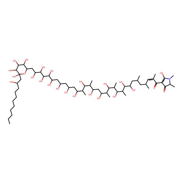 2D Structure of (2R)-5-hydroxy-1,2-dimethyl-4-[(E,4S,6R,8S,9S,10S,11R,12R,13R,14S,15R,17S,18S,19R,20S,21R,23R,25S,27S,28R,29S,30S,31R)-8,9,11,13,15,17,19,21,23,25,27,28,29,30,31-pentadecahydroxy-2,4,6,10,12,14,18,20-octamethyl-32-[(2R,3S,4S,5S,6S)-3,4,5,6-tetrahydroxy-6-[(2R)-2-hydroxyundecyl]oxan-2-yl]dotriacont-2-enoyl]-2H-pyrrol-3-one