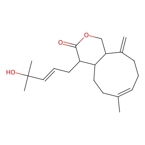 2D Structure of (4S,4aS,7Z,11aR)-4-[(E)-4-hydroxy-4-methylpent-2-enyl]-7-methyl-11-methylidene-1,4,4a,5,6,9,10,11a-octahydrocyclonona[c]pyran-3-one
