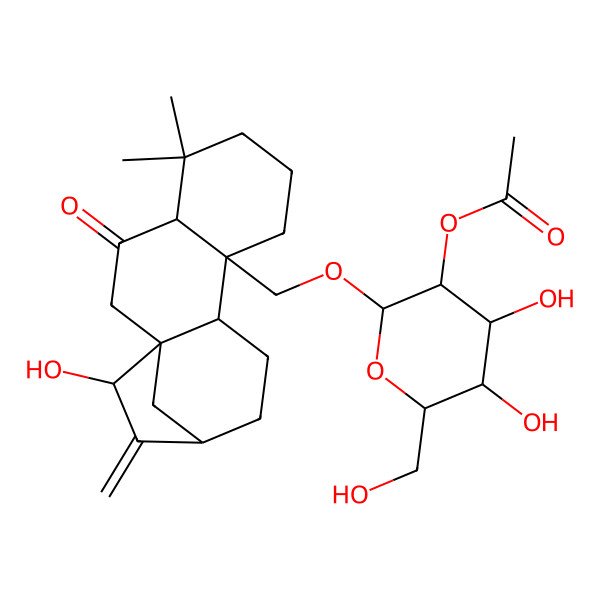2D Structure of [(2R,3R,4S,5S,6R)-4,5-dihydroxy-2-[[(1S,4R,9R,10S,13R,15R)-15-hydroxy-5,5-dimethyl-14-methylidene-3-oxo-9-tetracyclo[11.2.1.01,10.04,9]hexadecanyl]methoxy]-6-(hydroxymethyl)oxan-3-yl] acetate