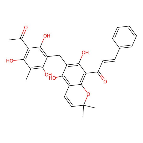 2D Structure of 1-[6-[(3-Acetyl-2,4,6-trihydroxy-5-methylphenyl)methyl]-5,7-dihydroxy-2,2-dimethyl-1-benzopyran-8-yl]-3-phenyl-2-propen-1-one