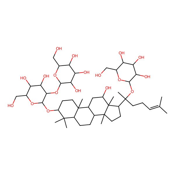 2D Structure of 2-[4,5-dihydroxy-6-(hydroxymethyl)-2-[[12-hydroxy-4,4,10,13,14-pentamethyl-17-[6-methyl-2-[3,4,5-trihydroxy-6-(hydroxymethyl)oxan-2-yl]oxyhept-5-en-2-yl]-2,3,5,6,7,8,9,11,12,15,16,17-dodecahydro-1H-cyclopenta[a]phenanthren-3-yl]oxy]oxan-3-yl]oxy-6-(hydroxymethyl)oxane-3,4,5-triol