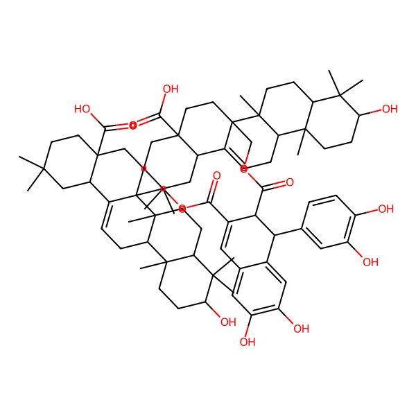 2D Structure of (4aS,6aR,6aR,6bR,8aR,10S,12aR,14bS)-6a-[[(1S,2R)-3-[[(4aS,6aR,6aR,6bR,8aR,10S,12aR,14bS)-4a-carboxy-10-hydroxy-2,2,6b,9,9,12a-hexamethyl-1,3,4,5,6,6a,7,8,8a,10,11,12,13,14b-tetradecahydropicen-6a-yl]methoxycarbonyl]-1-(3,4-dihydroxyphenyl)-6,7-dihydroxy-1,2-dihydronaphthalene-2-carbonyl]oxymethyl]-10-hydroxy-2,2,6b,9,9,12a-hexamethyl-1,3,4,5,6,6a,7,8,8a,10,11,12,13,14b-tetradecahydropicene-4a-carboxylic acid