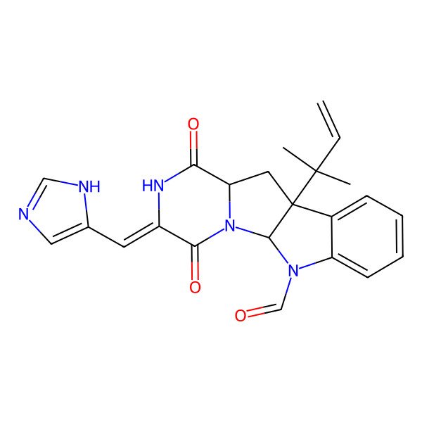2D Structure of 4-(1H-imidazol-5-ylmethylidene)-9-(2-methylbut-3-en-2-yl)-3,6-dioxo-2,5,16-triazatetracyclo[7.7.0.02,7.010,15]hexadeca-10,12,14-triene-16-carbaldehyde