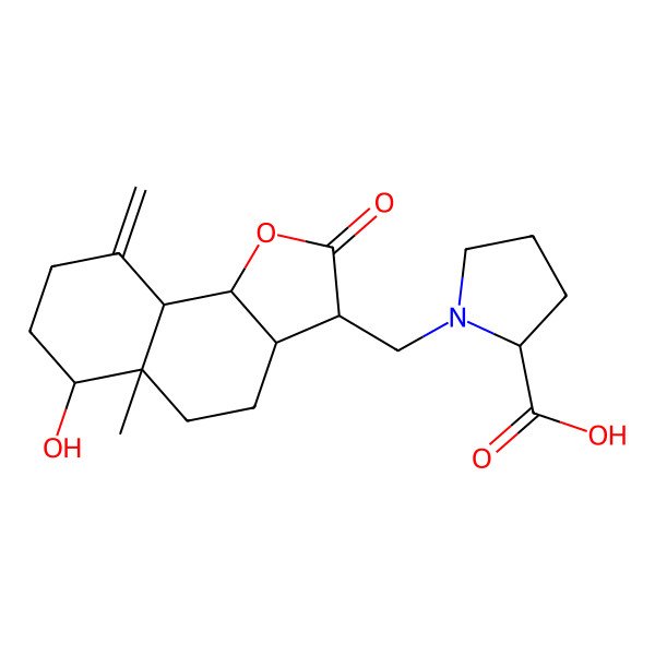 2D Structure of (2S)-1-[[(3R,3aS,5aR,6R,9aS,9bS)-6-hydroxy-5a-methyl-9-methylidene-2-oxo-3a,4,5,6,7,8,9a,9b-octahydro-3H-benzo[g][1]benzofuran-3-yl]methyl]pyrrolidine-2-carboxylic acid